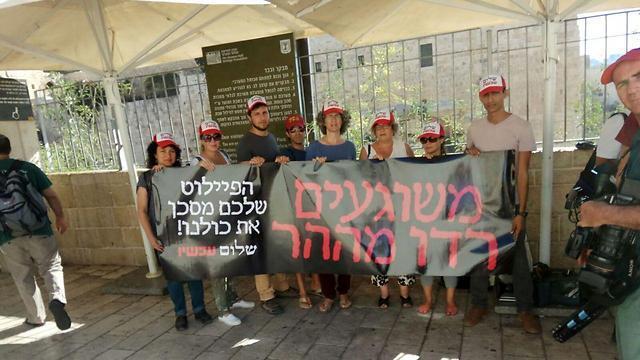 Peace now activists with signs saying: 'You crazy people, get off the mount, your pilot endangers us all' (Photo: Ir Amim) (צילום: עיר עמים) Peace now activists with signs saying: 'You crazy people, get off the mount, your pilot endangers us all' (Photo: Ir Amim)