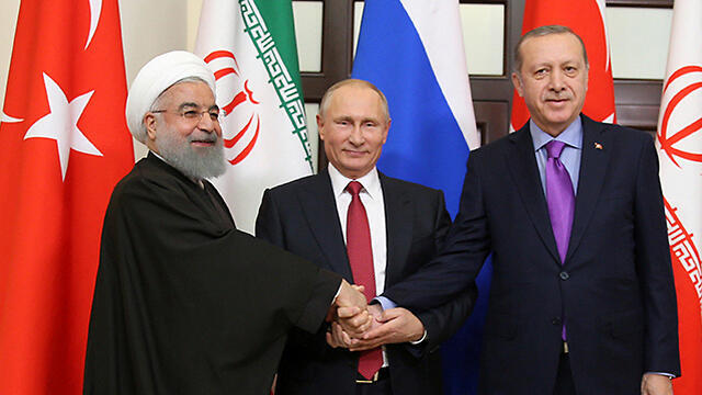 Presidents Hassan Rouhani of Iran, Vladimir Putin of Russia and Recep Tayyip Erdogan of Turkey meeting in Russia