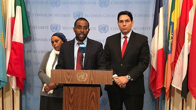Ilan Mengistu with his mother and Ambassador Danon at the UN