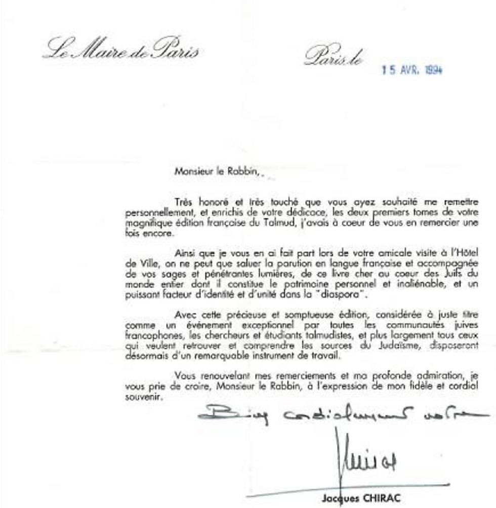 French President Jacques Chirac expressed his admiration for the rabbi in a letter from 1994 nullnull French President Jacques Chirac expressed his admiration for the rabbi in a letter from 1994
