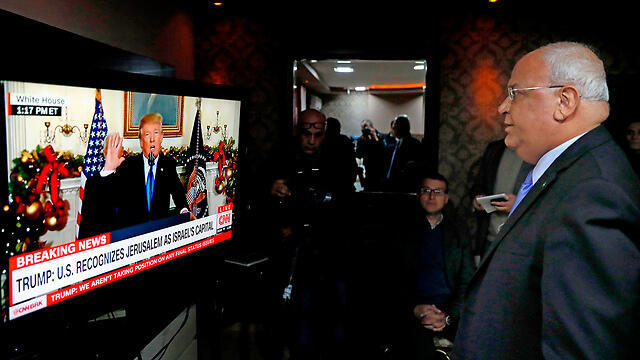Palestinian negotiator Erekat watching Trump's announcement