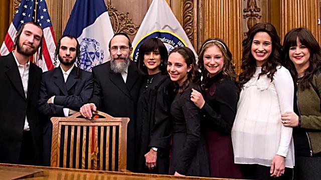 Rachel Freier with her family. ‘My husband is the first Hasid that supported his wife, financed my campaign and didn’t stop until I won the election’ 