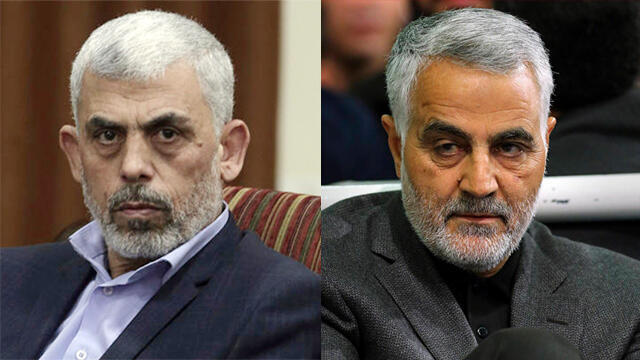 Hamas leader Sinwar (L) and Quds Force commander Suleimani (צילום: AP) Hamas leader Sinwar (L) and Quds Force commander Suleimani
