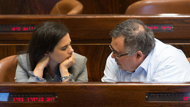 Shaked with former coalition head MK David Bitan at the Knesset (צילום: אלכס קולומויסקי) Shaked with former coalition head MK David Bitan at the Knesset