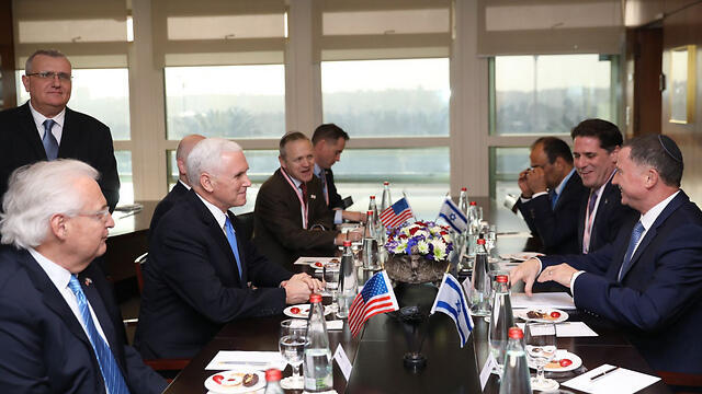 Edelstein, on the right, meets with Pence in the Knesset