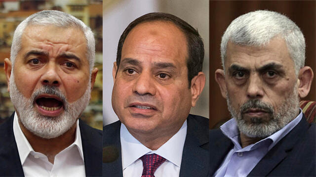 Hamas leaders Ismail Haniyeh (L) and Yahya Sinwar (R) and Egyptian President a-Sisi (center) (צילום: רויטרס, AP) Hamas leaders Ismail Haniyeh (L) and Yahya Sinwar (R) and Egyptian President a-Sisi (center)