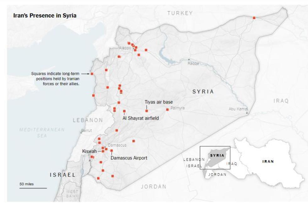 Карта иранских баз в Сирии, опубликованная в New York Times