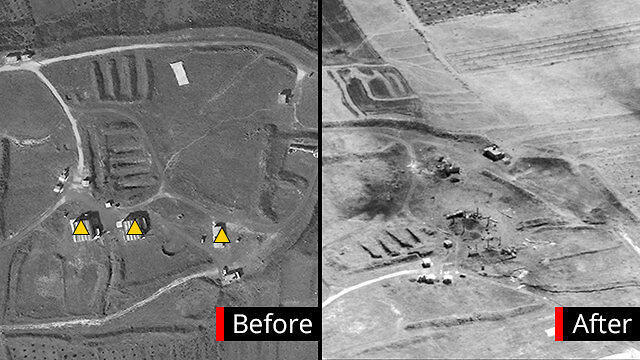 The Him Shinshar chemical weapons storage site before and after the attack
