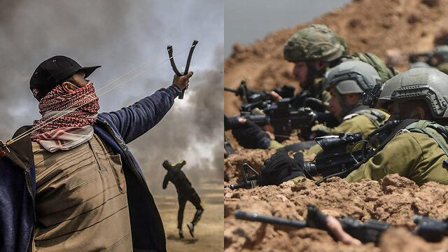 Gaza border rioters and IDF snipers (צילום: דובר צה"ל, AFP) Gaza border rioters and IDF snipers