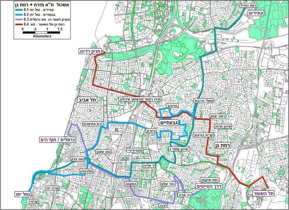 Карта маршрутов в Восточном Тель-Авиве (צילום: משרד התחבורה) Карта маршрутов в Восточном Тель-Авиве