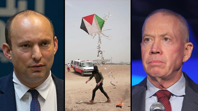 Ministers Yoav Galant (R) and Naftali Bennett clash over how to handle kite launchers (צילום: אוהד צויגנברג, אלכס קולומויסקי, AP) Ministers Yoav Galant (R) and Naftali Bennett clash over how to handle kite launchers