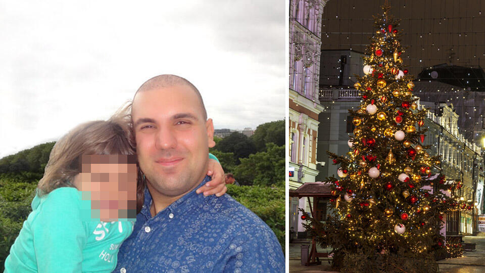 Максим Ильюшенков с дочерью, елка в Европе. Фото из личного архива и shutterstock