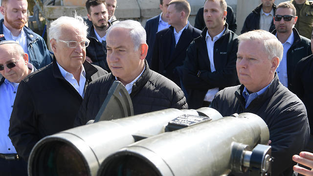 Prime Minister Netanyahu, US ambassador David M. Friedman and US Senator Lindsey Graham on a lookout in the Golan Heights