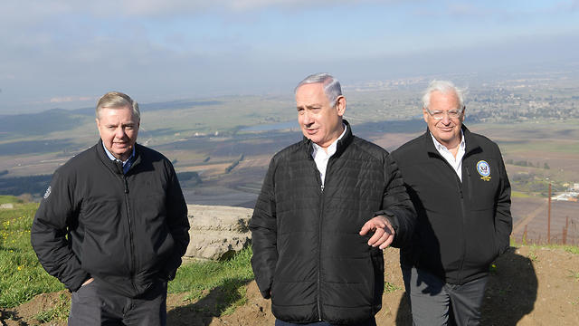 David Friedman with Benjamin Netanyahu and Sen. Lindsey Graham on the Golan Heights (צילום: עמוס בן גרשום, לע"מ) David Friedman with Benjamin Netanyahu and Sen. Lindsey Graham on the Golan Heights