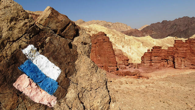 The Israel National Trail markings in the Arava region (Photo: Dov Greenblat) (Photo: Dov Greenblat) The Israel National Trail markings in the Arava region (Photo: Dov Greenblat)