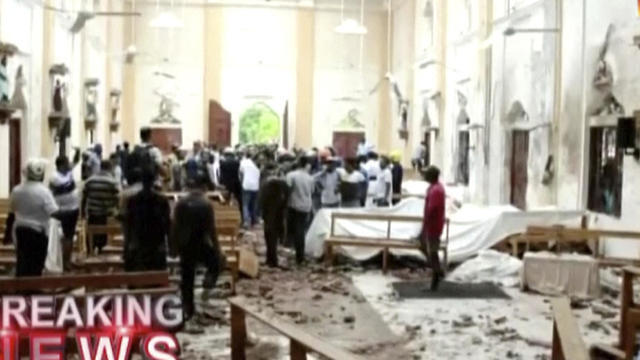 A screenshot from Hiru TV shows damage inside St. Anthony's Shrine after a blast in Colombo, Sri Lanka  