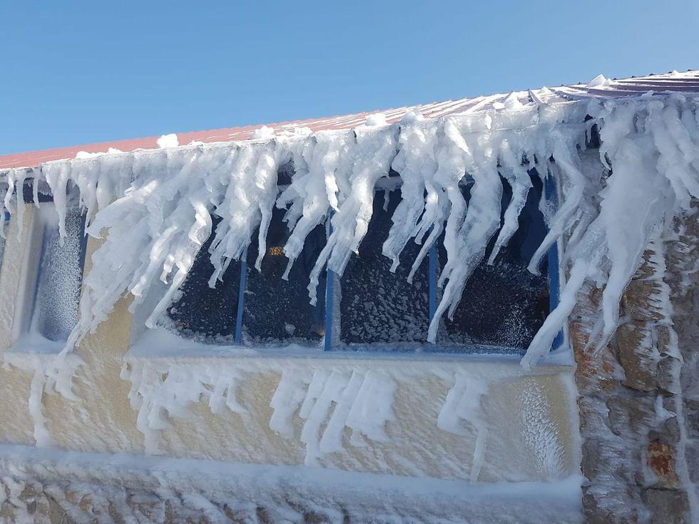Icicles on top of a building on Mt. Hermon