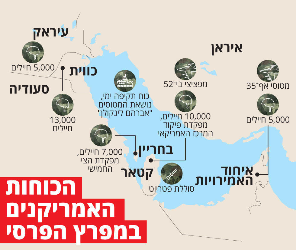 Карта дислокации американских сил в районе Персидского залива (אינפוגרפיקה: מתוך "ידיעות אחרונות") Карта дислокации американских сил в районе Персидского залива