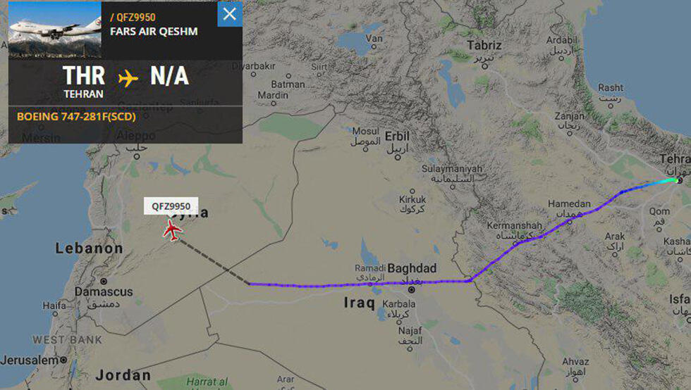 The route of Boeing 747 belonging to Iranian airline Fars Air Qeshm 