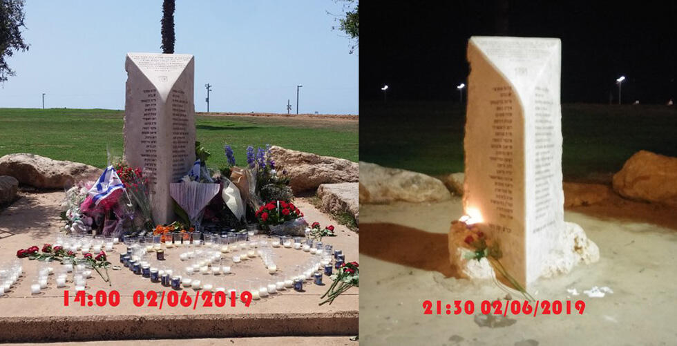 Обелиск в память о жертвах теракта в "Дольфи" днем 2 июня и вечером того же дня. Фото: Виктор Комоздражник