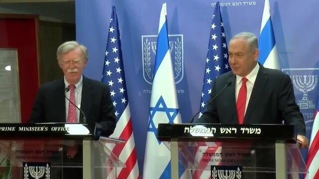 John Bolton and Benjamin Netanyahu at the Prime Minister's Office in Jerusalem on Sunday