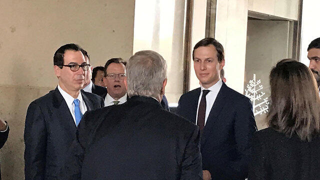 U.S. Treasury Secretary Steve Mnuchin and White House advisor Jared Kushner at the workshop on Palestinian economic prospects in Bahrain, June 25, 2019