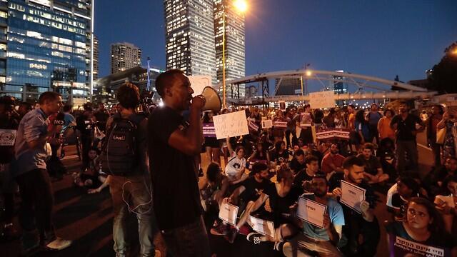 Protestors during July demonstrations near Azrieli Mall in Tel Aviv
