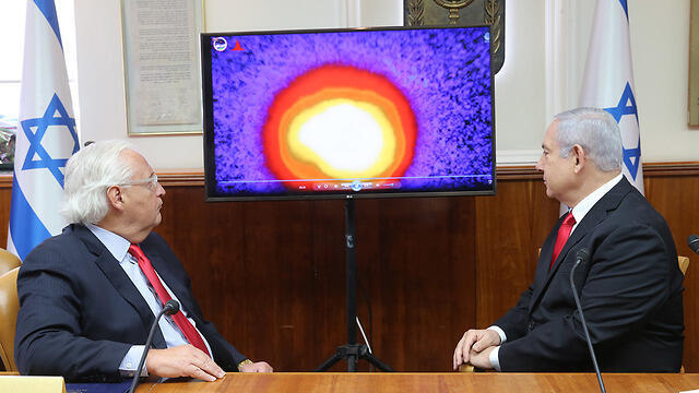 David Friedman and Benjamin Netanyahu watch the test during a cabinet meeting (צילום: עמית שאבי) David Friedman and Benjamin Netanyahu watch the test during a cabinet meeting