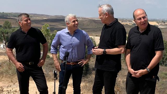 L-R: The leaders of the Blue and White party Gabi Ashkenazi, Yair Lapid, Benny Gantz and Moshe Ya'alon on the Gaza border, August 2019