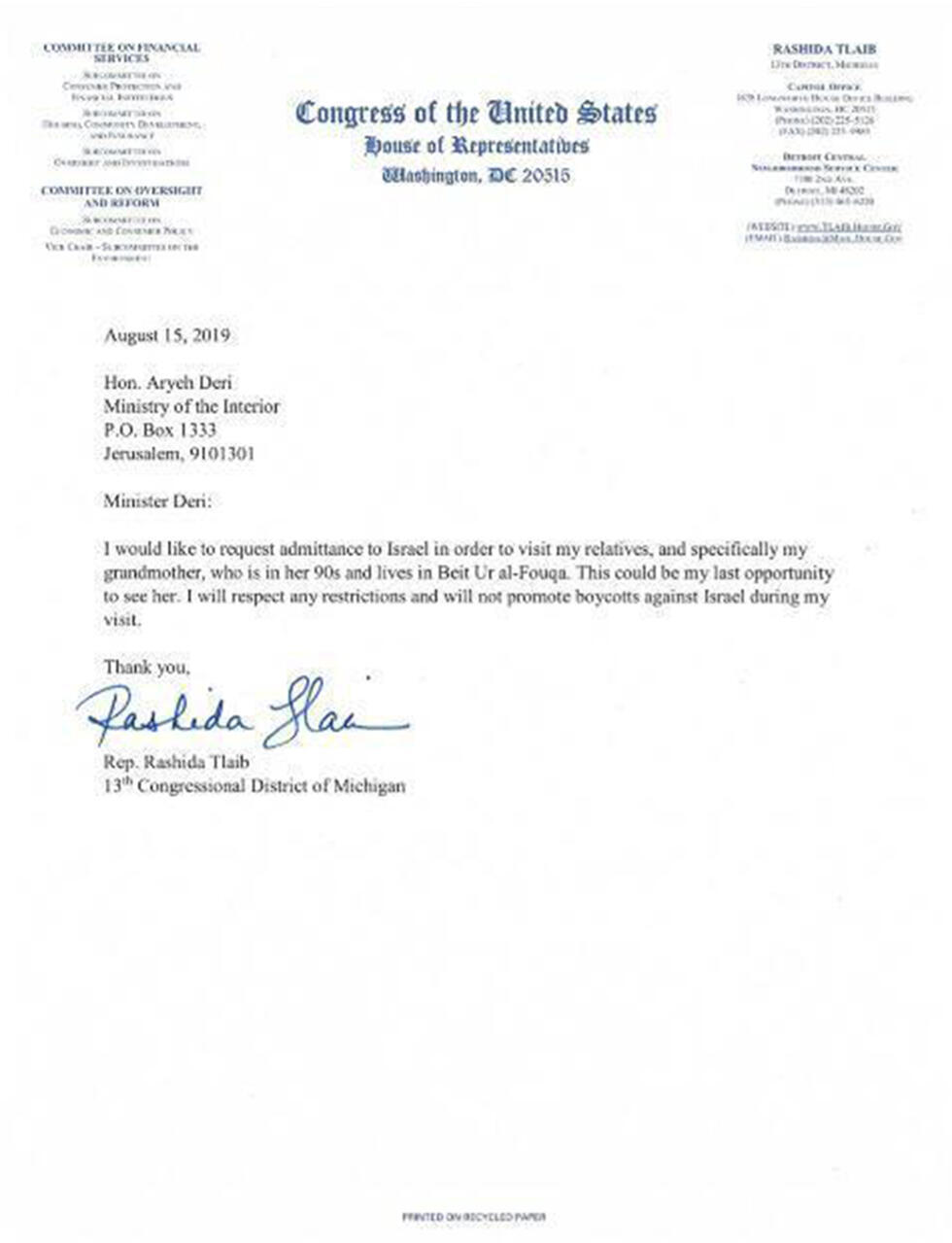 Tlaib's letter to Interior Minister Derinullnull Tlaib's letter to Interior Minister Deri