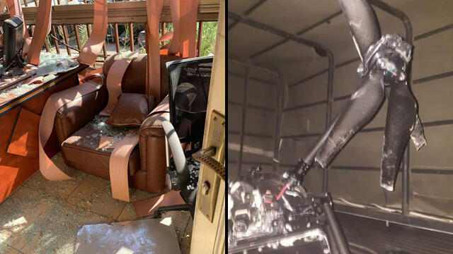 Damage caused to a Hezbollah media center in Beirut , left, purportedly by an Israeli drone, right