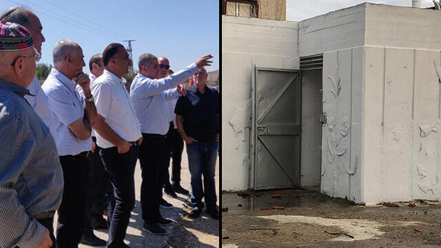 Local leaders in northerm Israel, left; a bomb shelter on Moshav Avivim close to the Lebanon border, right