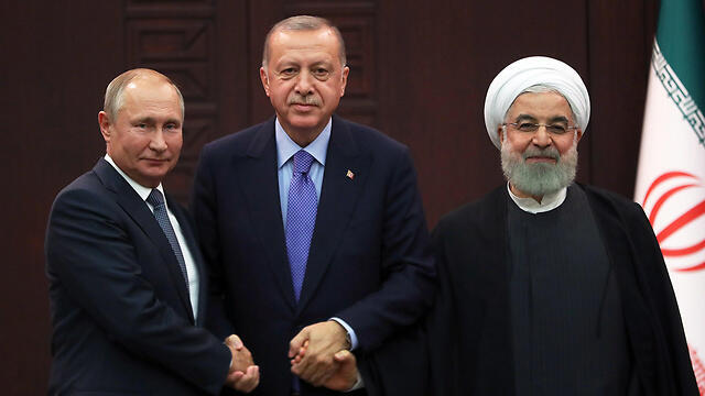 L-R: Vladimir Putin, Recep Tayyip Erdogan and Hassan Rouhani meeting in Ankara (צילום: EPA) L-R: Vladimir Putin, Recep Tayyip Erdogan and Hassan Rouhani meeting in Ankara
