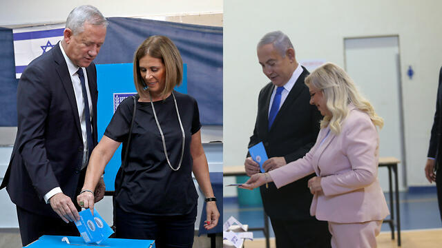 Benny Gantz and his wife, Revital, voting in Rosh HaAyin and Benjamin and Sara Netanyahu voting in Jerusalem on Tuesday