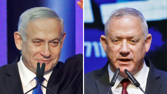 Benjamin Netanyahu, left, and Benny Gantz at their respective campaign headquarters on Election Day