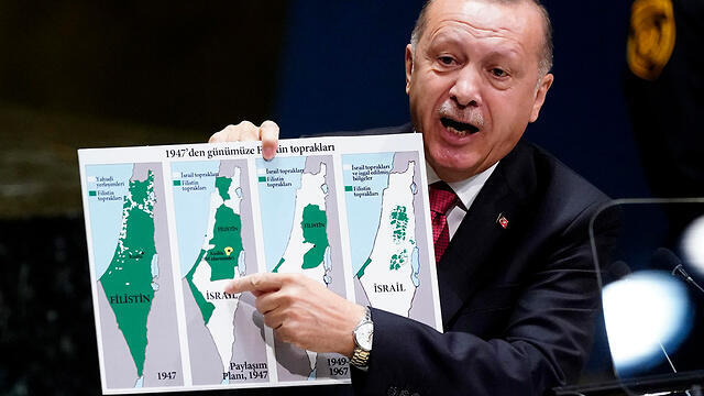 Turkish President Tayyip Erdogan holding map of Israel