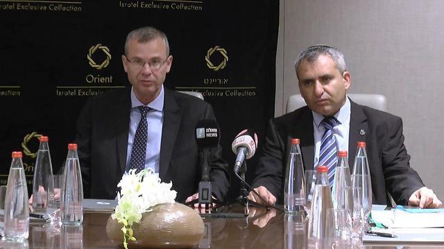 Members of the Likud negotiating team, ministers Yariv Levin, left, and Ze'ev Elkin during talks with their Blue and White counterparts in Jerusalem on Friday