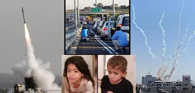 Во время обстрела в Израиле, слева направо: "Железный купол", сирена воздушной тревоги застала людей на улице и дома, ракетный запуск из Газы. Фото: фотошкола "Хасифа", AFP, частный альбом семьи
