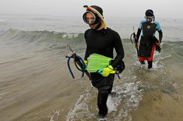 Palestinian spear-fishermen walk through the water of the Mediterranean Sea, in the southern Gaza Strip 