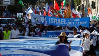 Evangelical Christians march in a demonstration of support for Israel in Jerusalem in 2016 