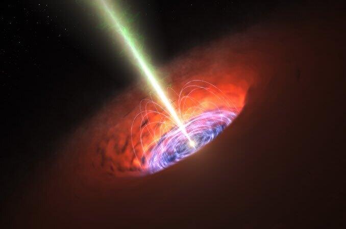 רישום אמן של פליטת סילון חומר וקרינה מחור שחור