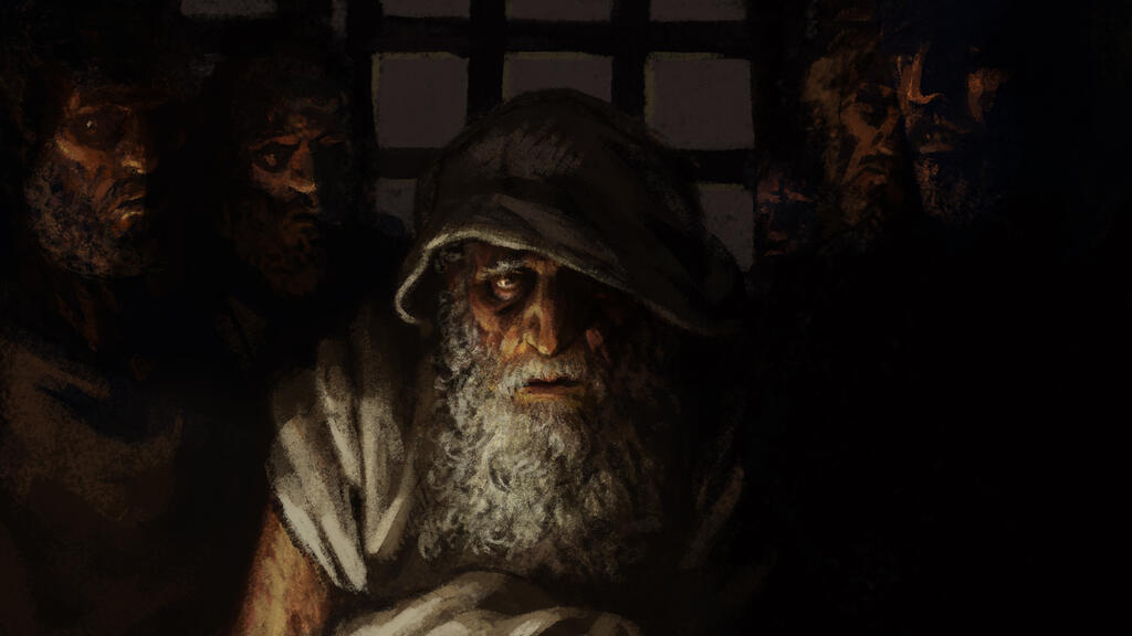 Rabban Yohanan ben Zakkai in the film 'The Legend of Destruction' (Illustration: David Polonsky and Michael Faust) רבן יוחנן בן זכאי בסרט "אגדת חורבן"