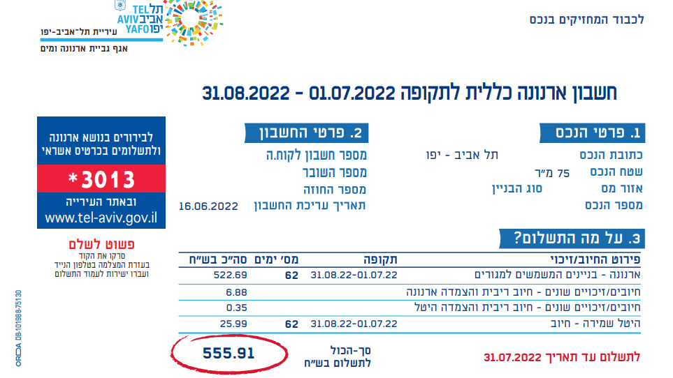 חשבון ארנונה מצונזר, עיריית תל אביב-יפו