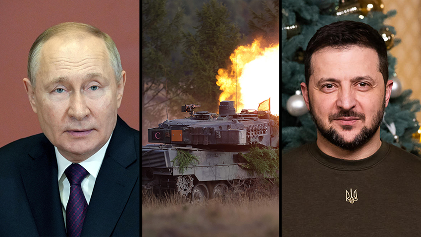 Putin’s invasion of Ukraine: Four days after the Beijing Winter Olympics ended (Photo: AFP, Reuters/Sputnik/Alexei Danichev/Kremlin) זלנסקי, פוטין, וטנק לאופרד