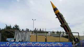 A new surface-to-surface ballistic missile called Khaibar with a range of 2,000 km, unveiled by Iran, is seen in Tehran, Iran, May 25, 2023 