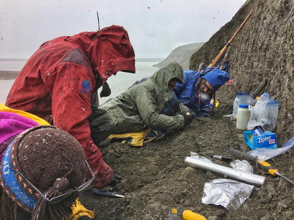 Paleontologists digging along the banks of Colville River in northern Alaska (Photo: Kevin May) צוות פלאונטולוגים חופר לאורך גדות נהר קולוויל בצפון אלסקה