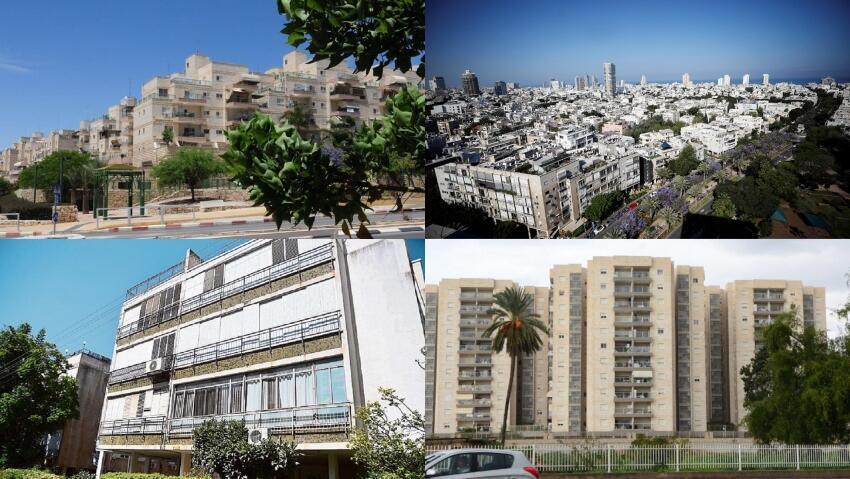 תל אביב (מימין למעלה), באר שבע (משמאל למעלה), אשקלון, הרצליה