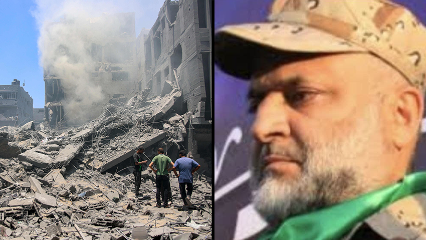 Raed Saad and the scene of the assassination (Photo: Omar Al-Qattaa / AFP) ראאד סעד, ראש אגף המבצעים של הזרוע הצבאית חמאס, שכונת א-שאטי ברצועת עזה