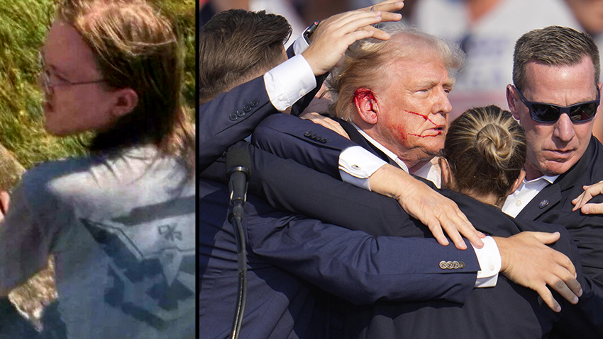 Trump and gunman Crooks (Photo: AP /Gene J. Puskar) תיעוד: דונלד טראמפ נורה במהלך נאומו בעצרת הבחירות בפנסילבניה