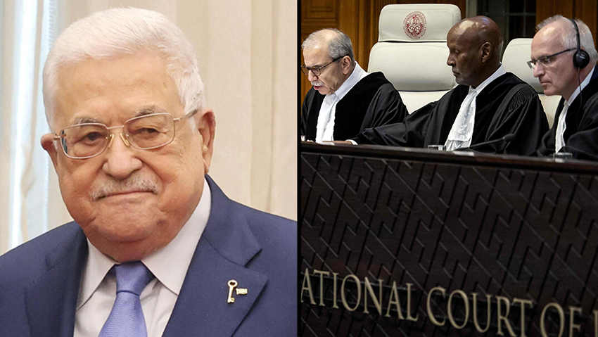 Palestinian President Mahmoud Abbas, the ICJ in the Hague (Photo: Saul Loeb / Reuters, Koen van Weel / AFP) אבו מאזן, בית הדין בהאג